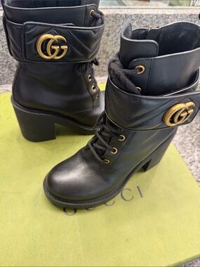 Gucci Black Leather GG-Emblem Lace-Up Block Heel Ankle Boots